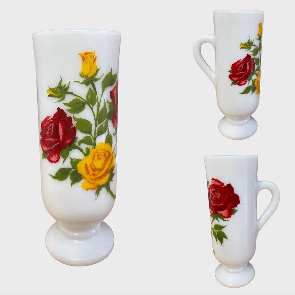 Vintage AVON Red & Yellow Roses White Milk Glass Handled Pedestal Bud Vase